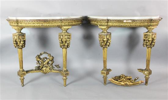 A pair of Louis XVI style giltwood pier tables, H.2ft 11in. W.3ft 7in. D.1ft 8.5in.